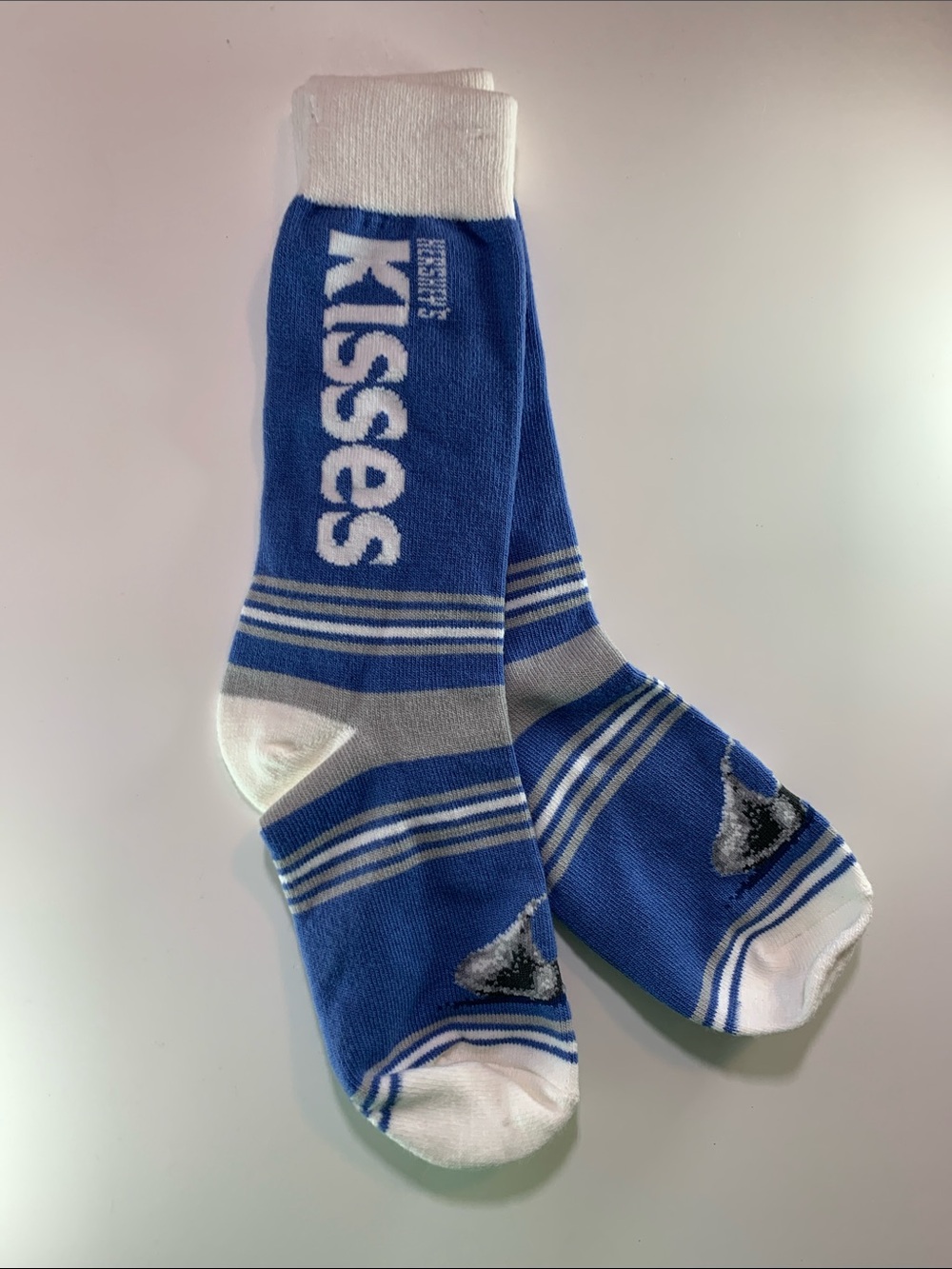 Kiss Blue & White Athletic Crew Socks with Gray Stripes